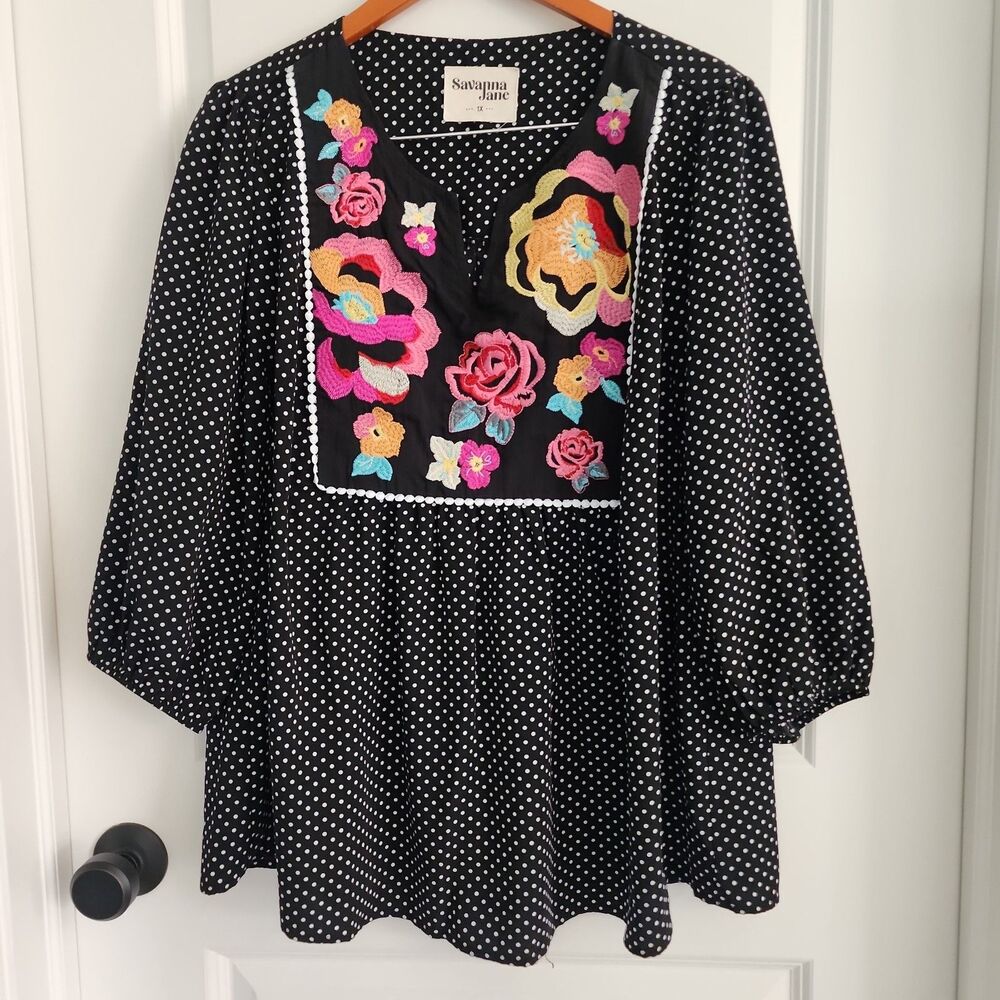 Savanna Jane Blouse Size 1X Black White Polka Dot Embroidered Floral Bohemian